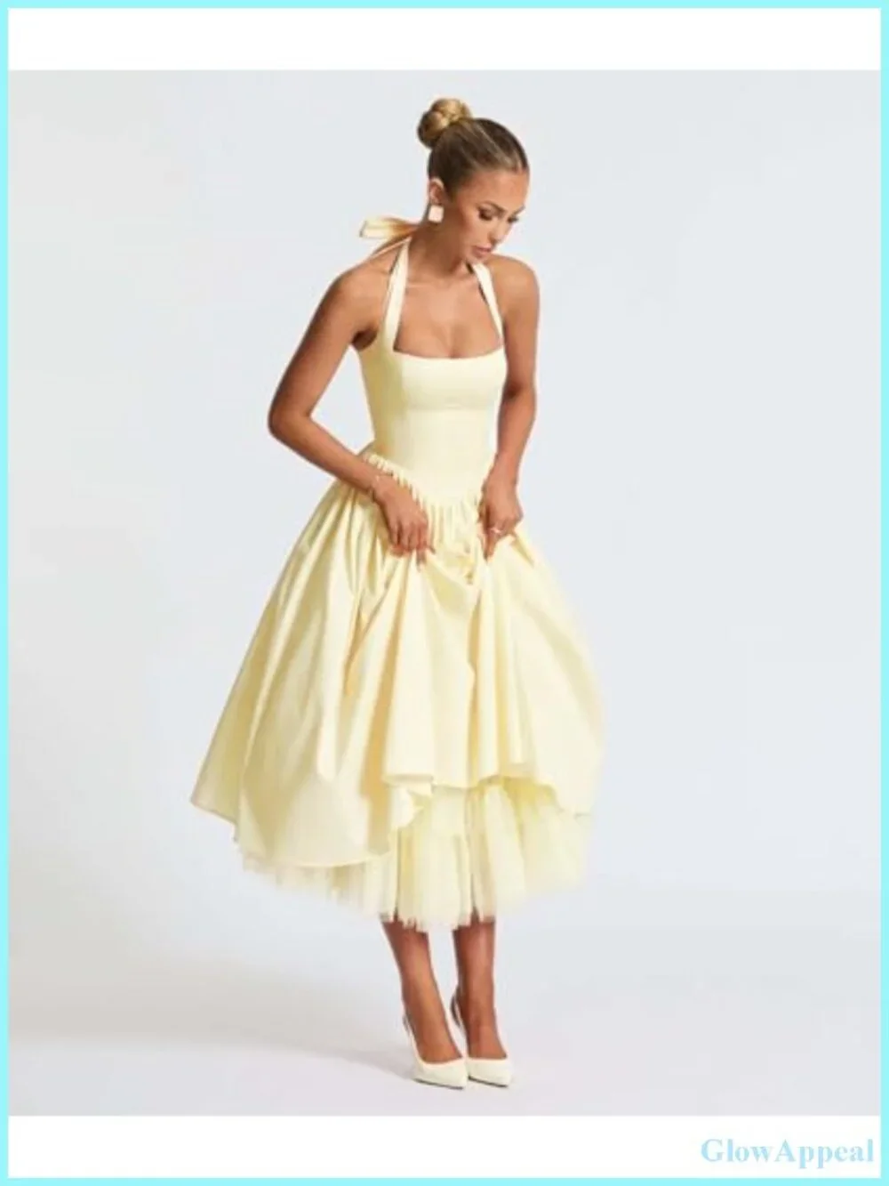 Halter Low Cut Sleeveless A Line Tulle Swing Flowy Tea Length Corset Prom